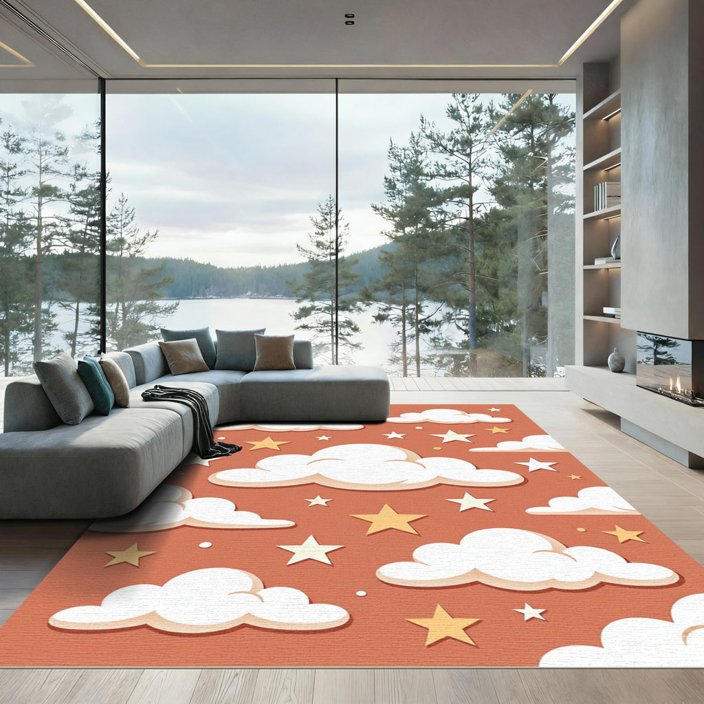 Whimsical Terracotta Sky with Golden Stars Rug