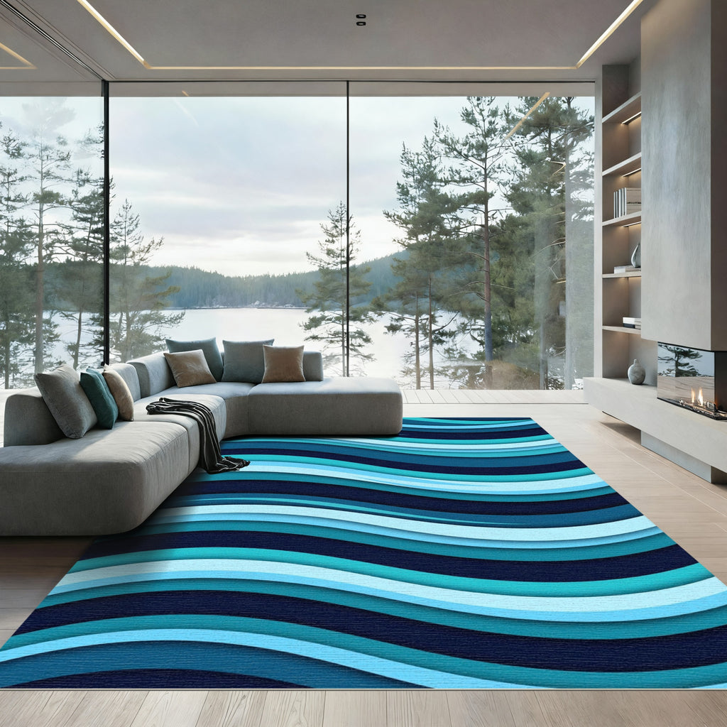 Modern Teal and Navy Wavy Layered Rug