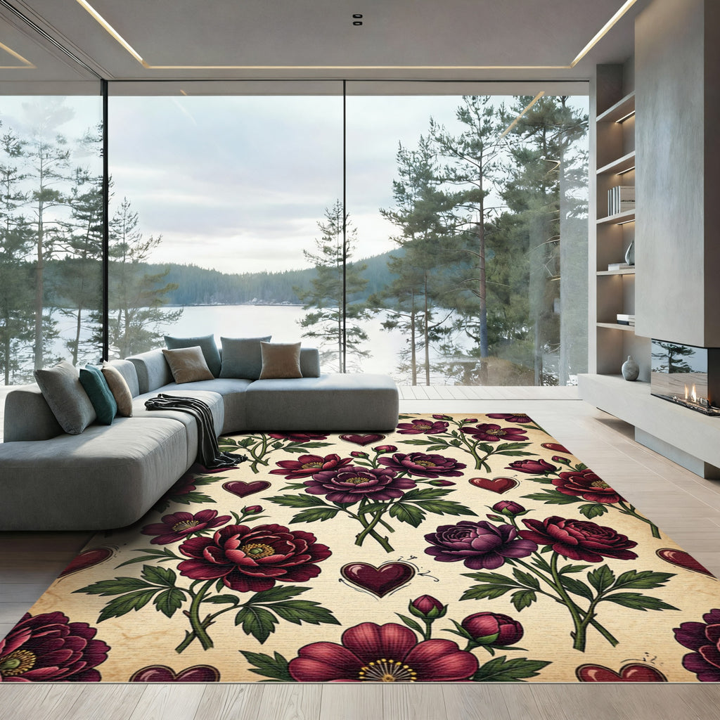Dark Burgundy Floral Heart Botanical Rug