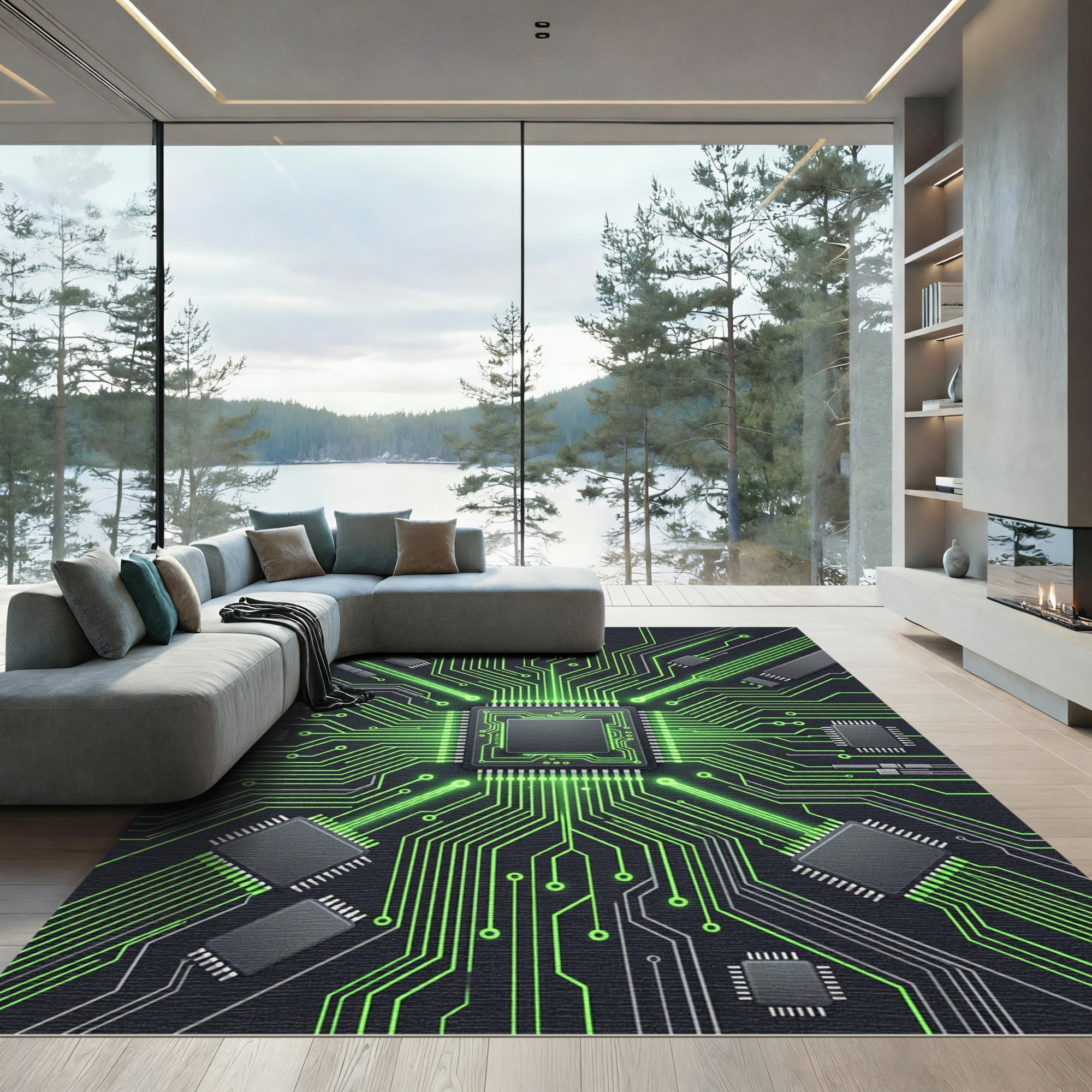 Neon Green Digital Circuit Board Rug