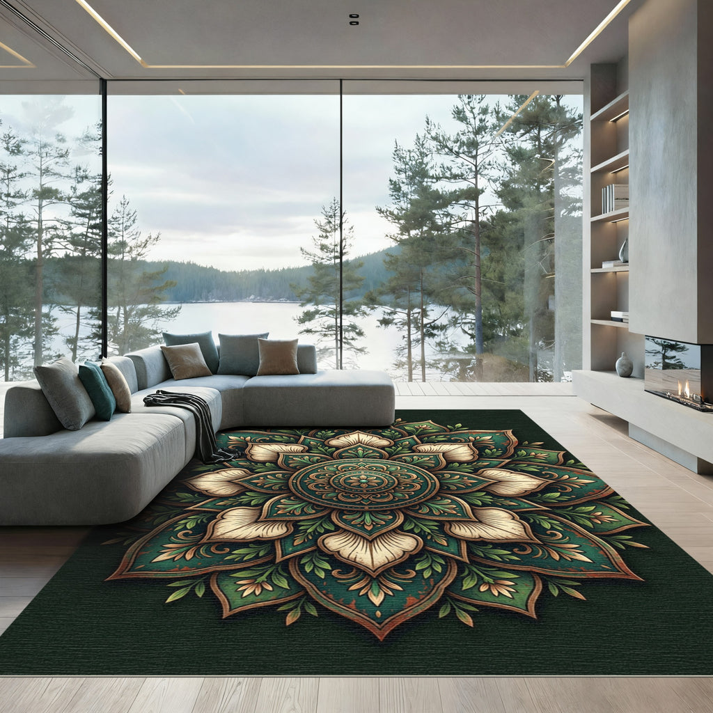 Sage Verdant Floral Lotus Medallion Rug