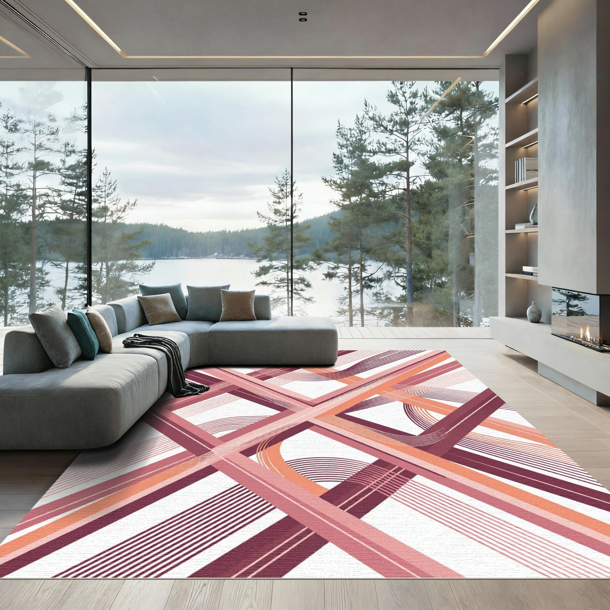 Geometric Coral and Plum Intersecting Lines Rug