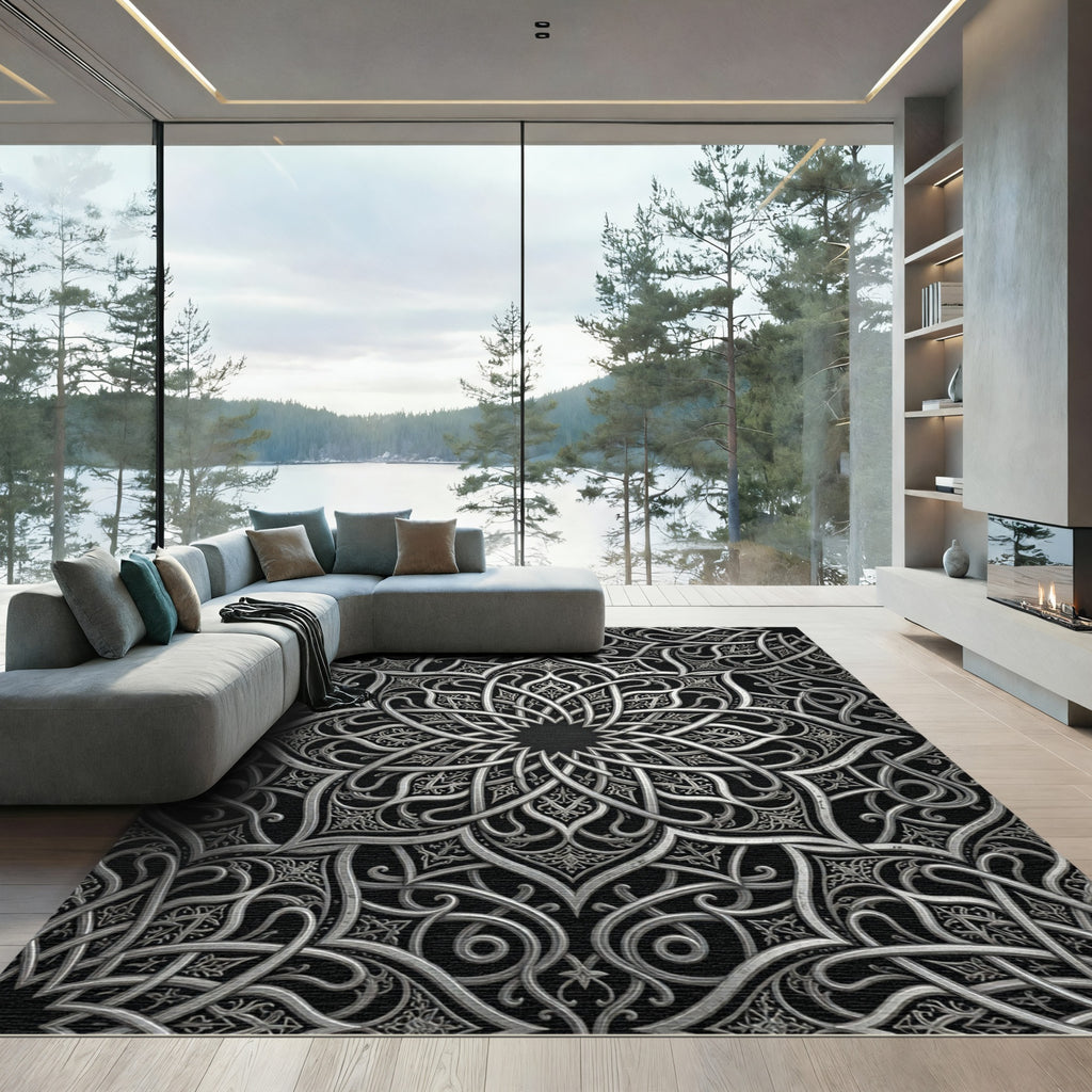 Intricate Silver Monochromatic Filigree Mandala Rug