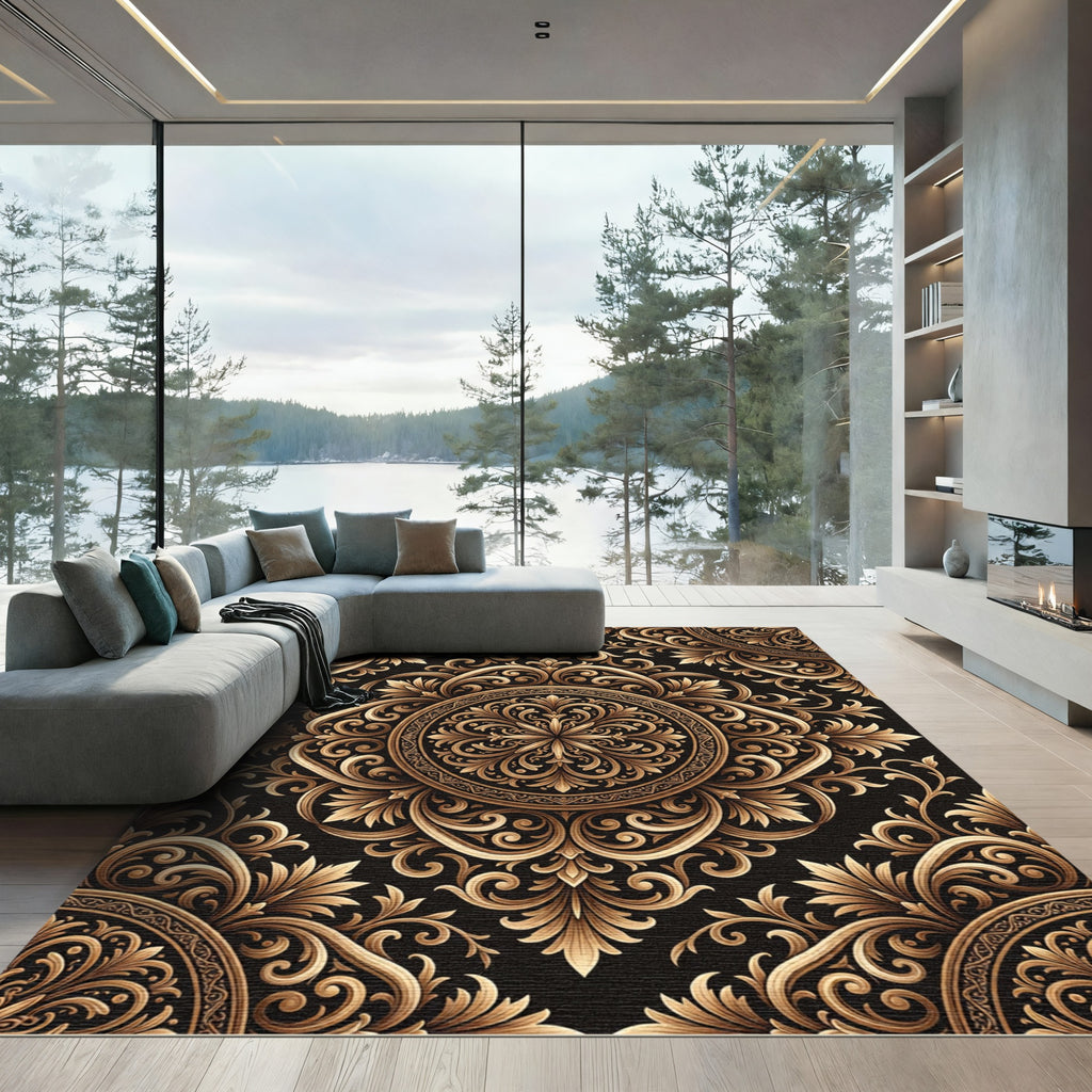 Elegant Gold Flourish Medallion Rug