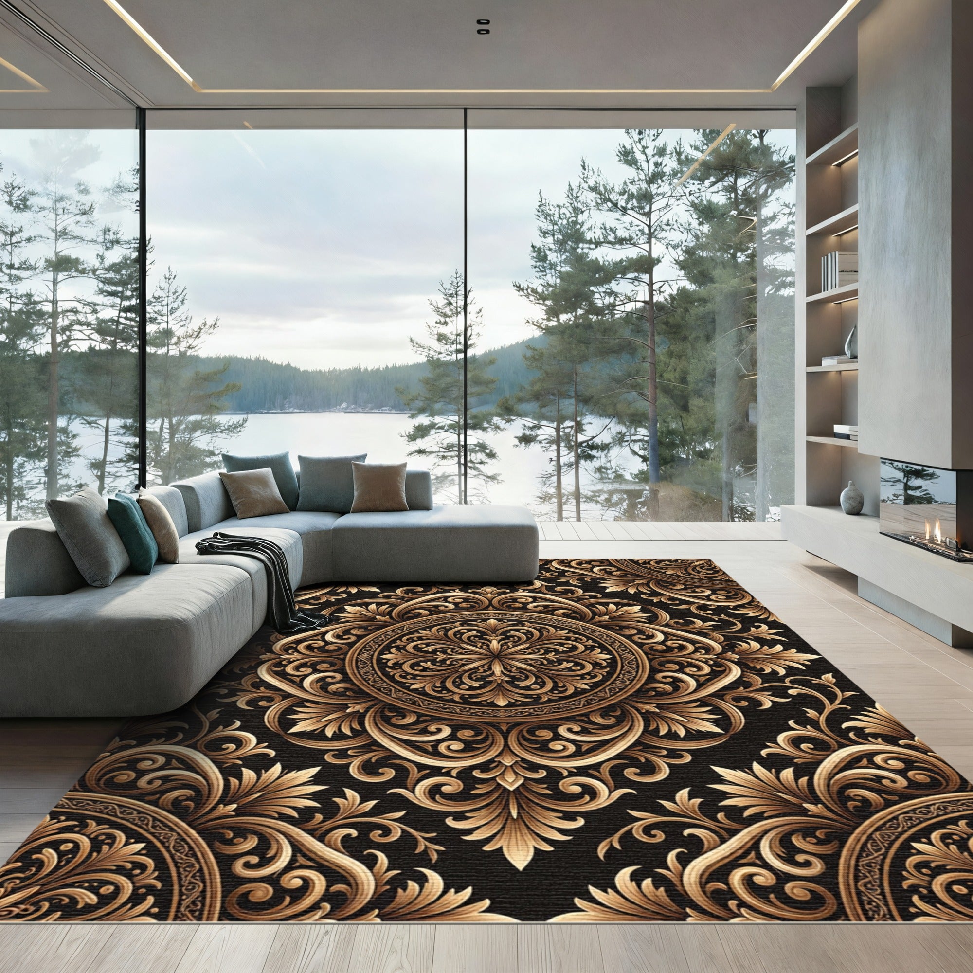 Elegant Gold Flourish Medallion Rug