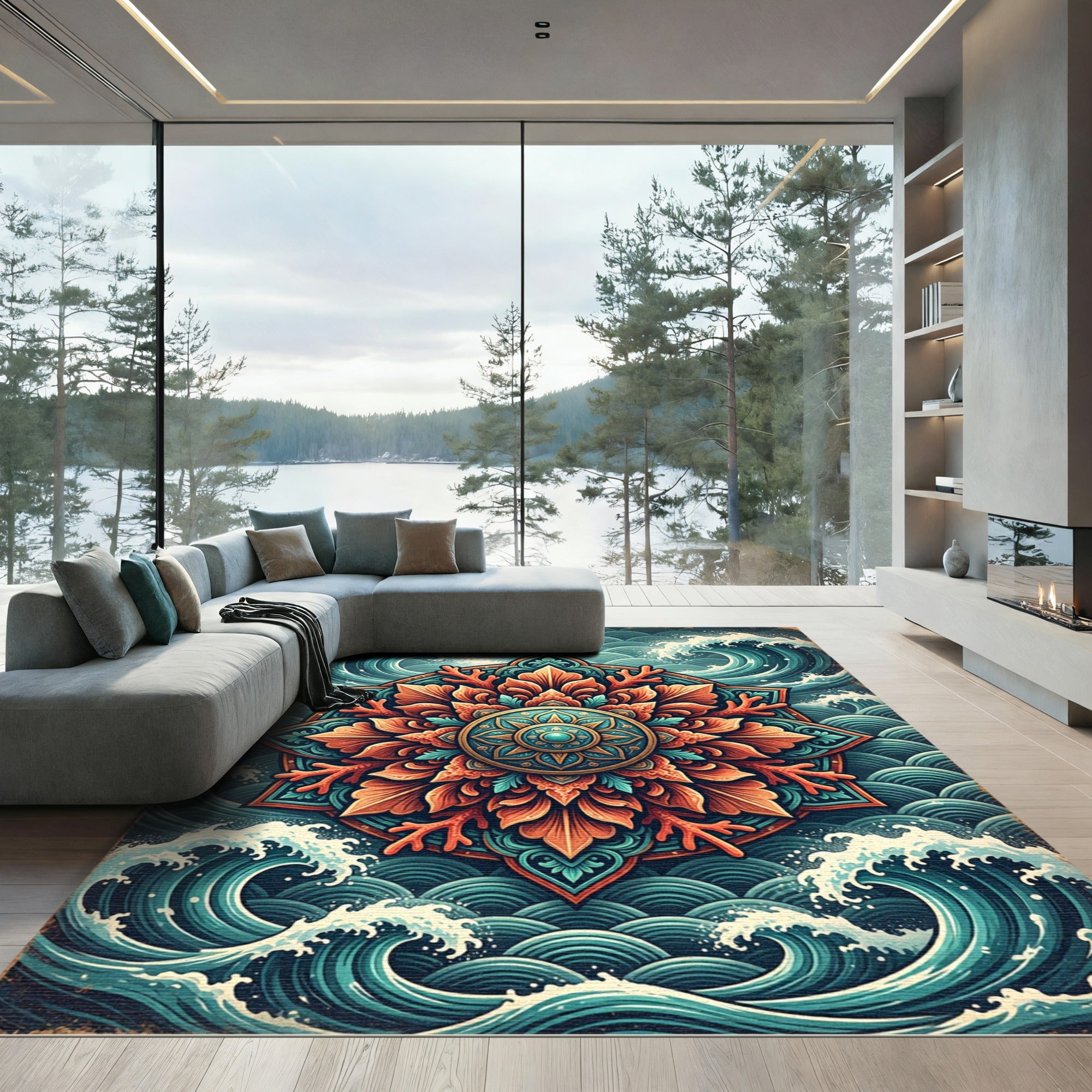 Ornate Coral Mandala with Ocean Waves Rug