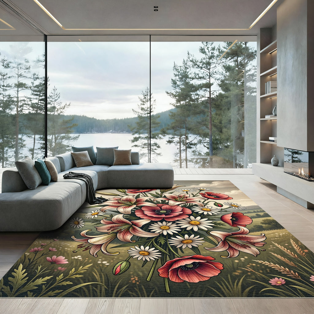 Pink Lily Poppies Daisy Field Meadow Rug