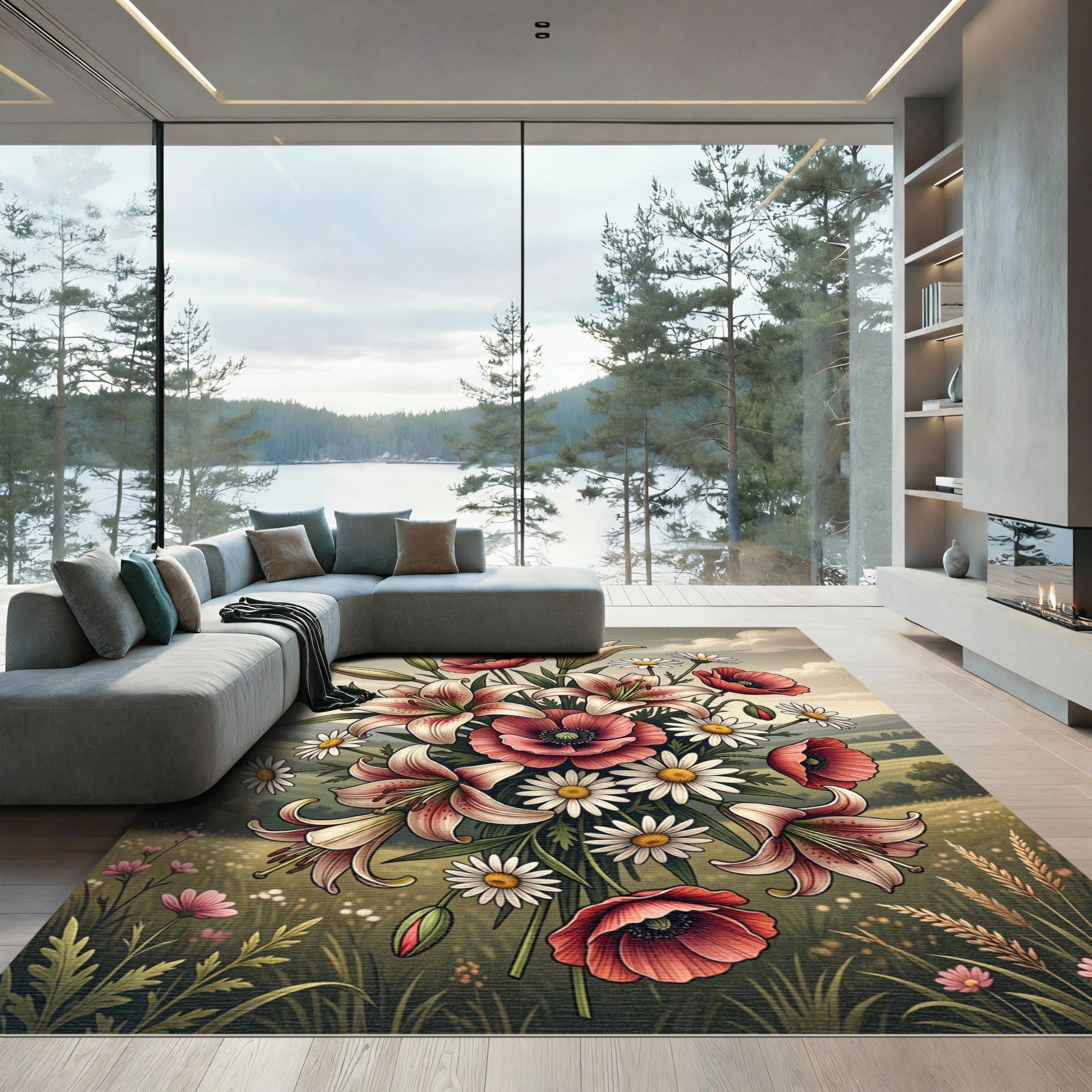 Pink Lily Poppies Daisy Field Meadow Rug