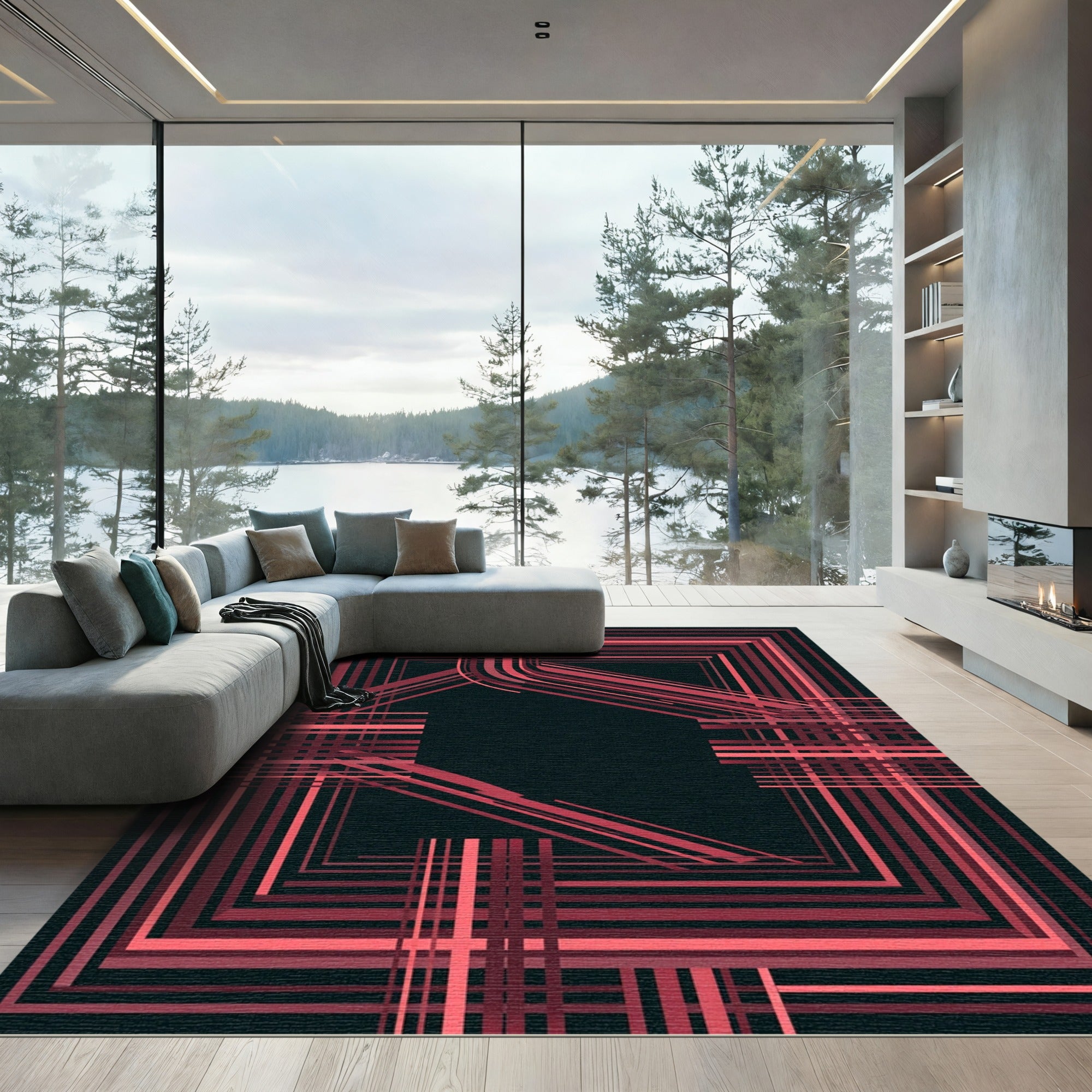 Crimson Geometric Lines Abstract Frame Rug