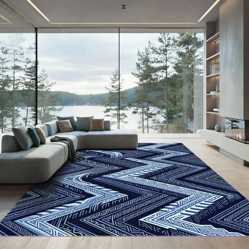 Deep Blue Geometric Staircase Zigzag Rug