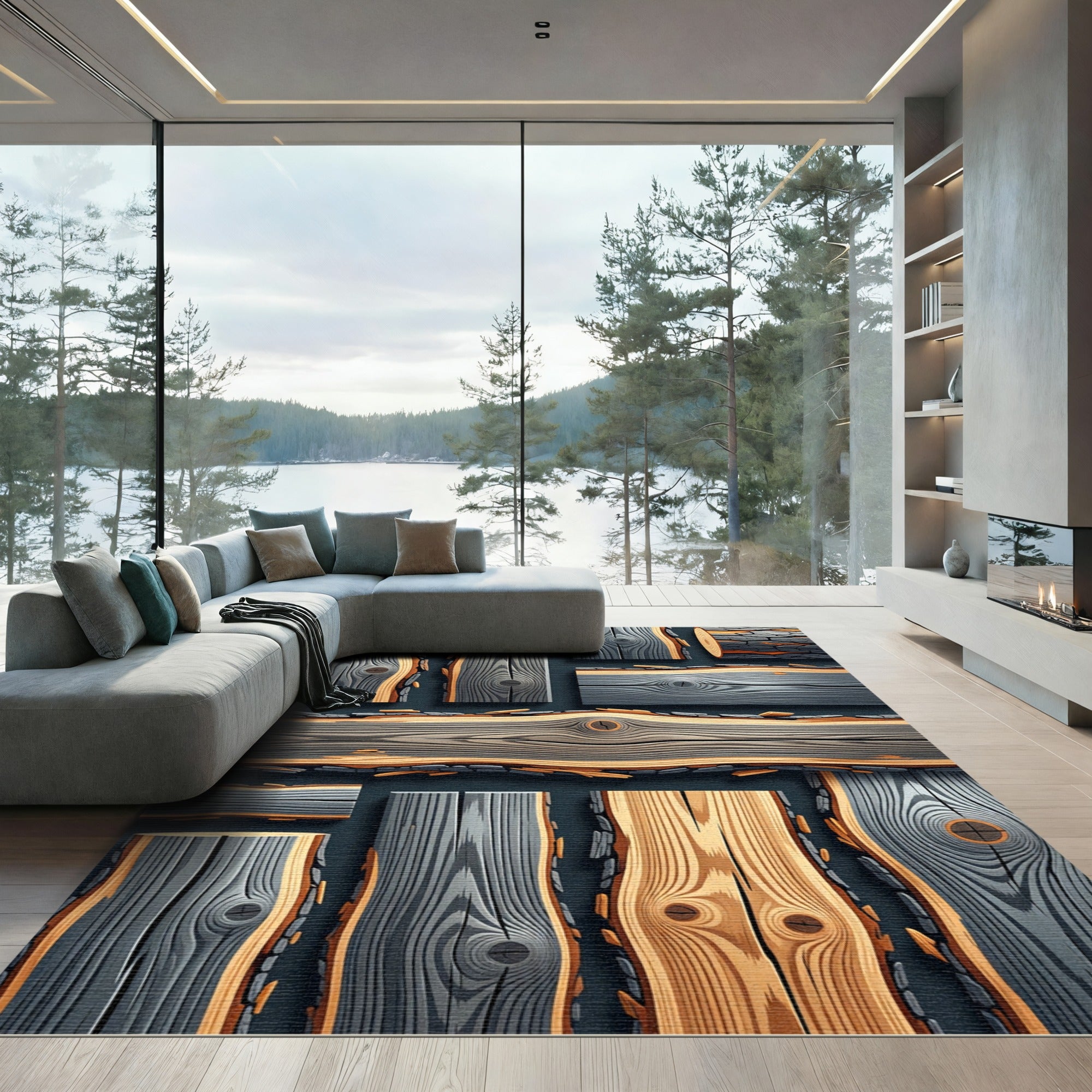 Charred Gray Wood Grain Mosaic Rug