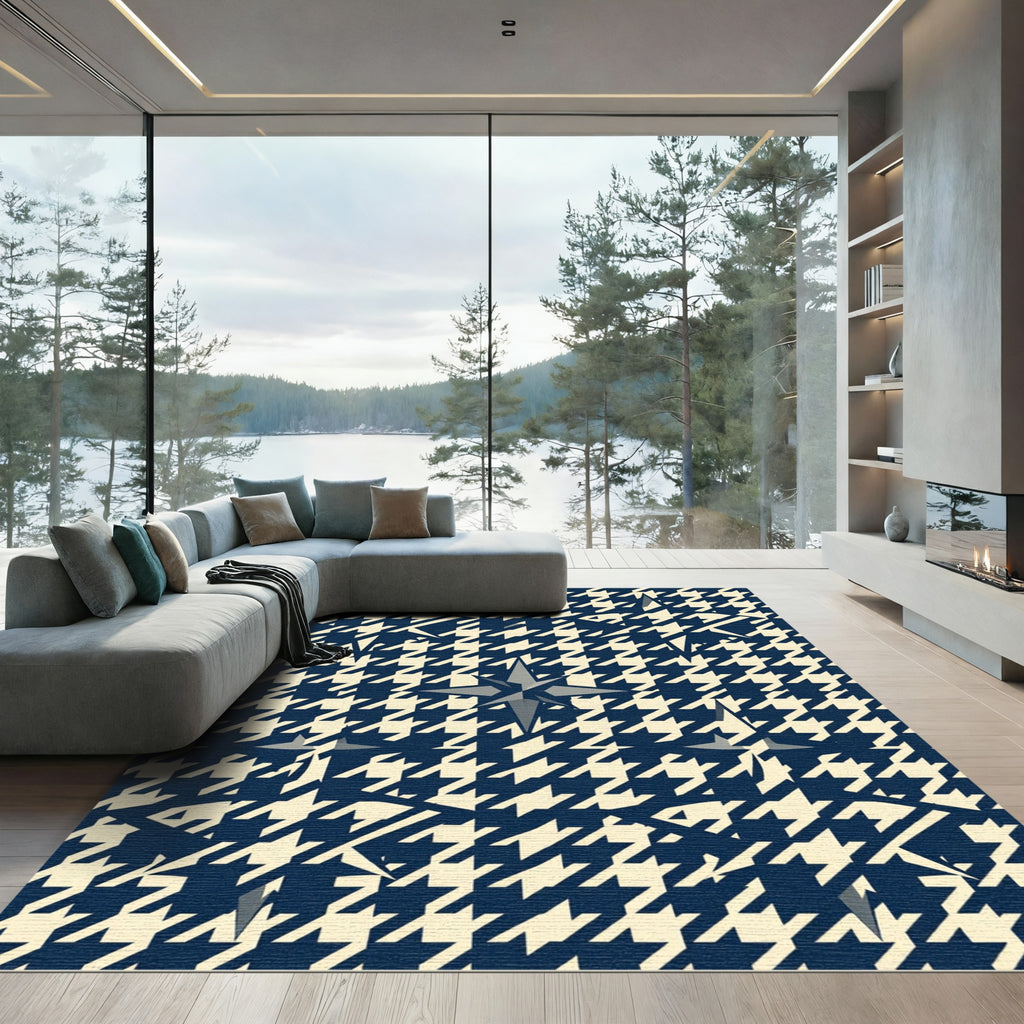 Navy and Cream Houndstooth Starburst Rug