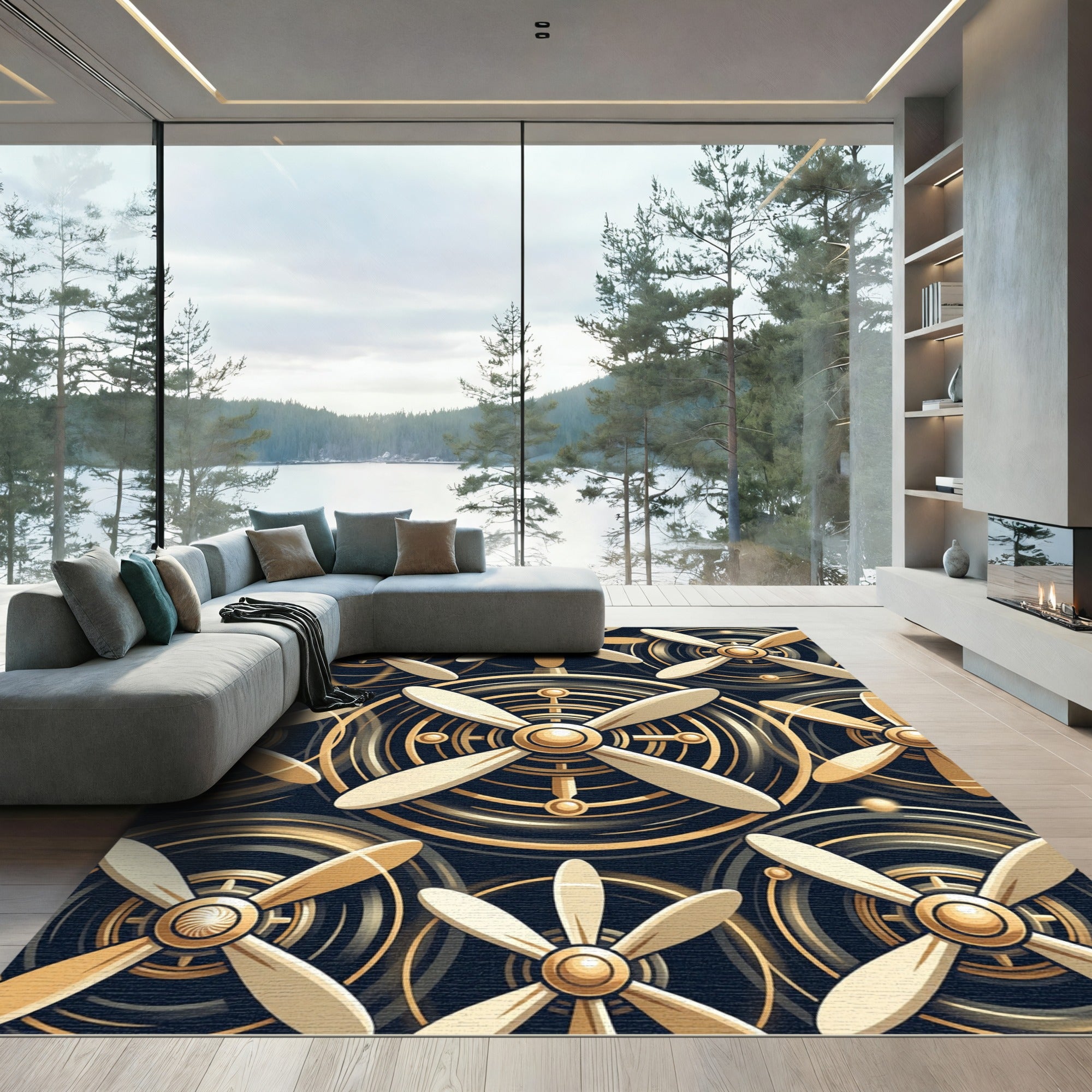 Gold Propeller Abstract Circular Design Rug