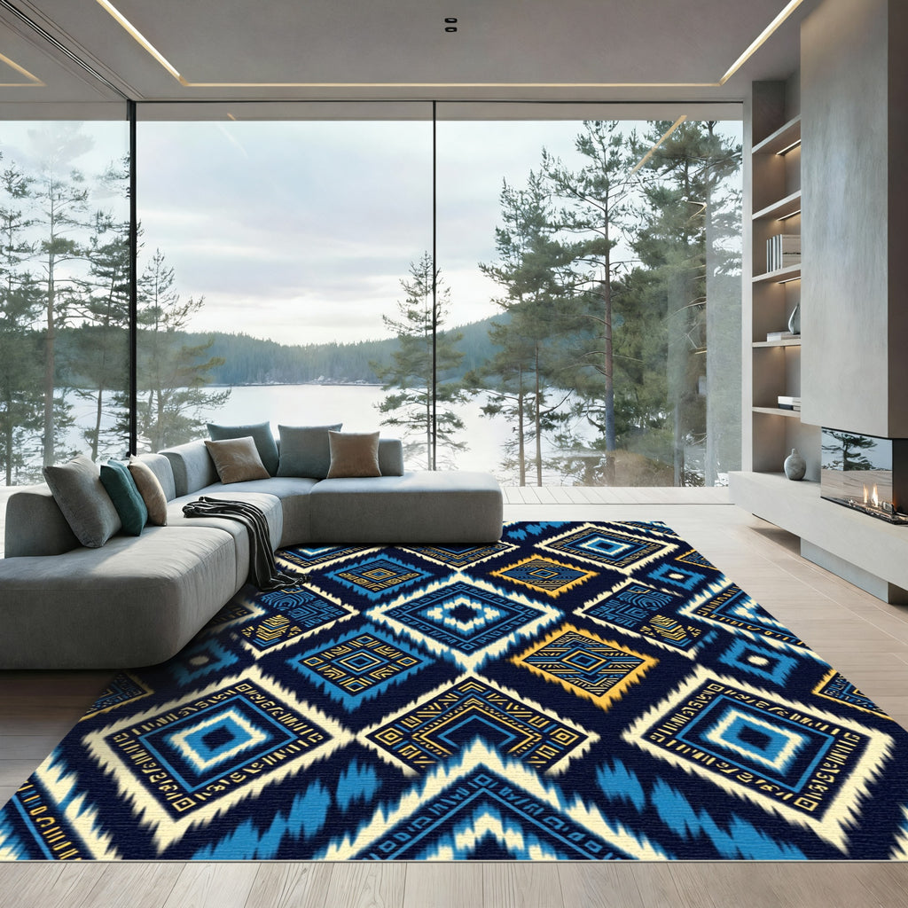 Blue and Gold Geometric Tribal Diamond Rug