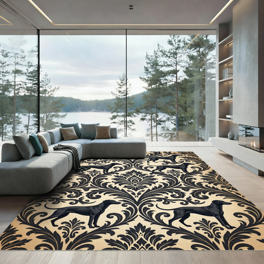 Black Labrador Damask Scroll Wallpaper Rug