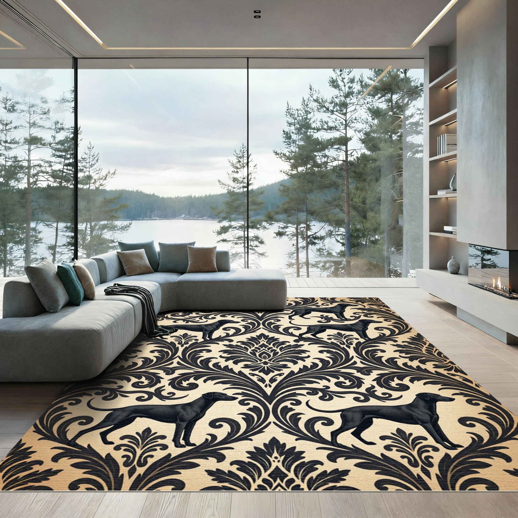 Black Labrador Damask Scroll Wallpaper Rug