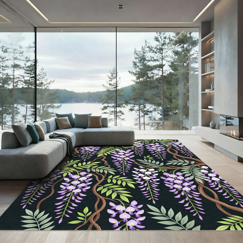 Lavender Wisteria Vine Dark Floral Rug