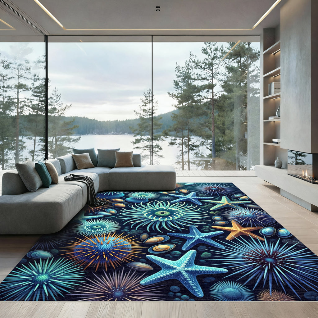 Teal Blue Starfish Sea Urchin Life Rug