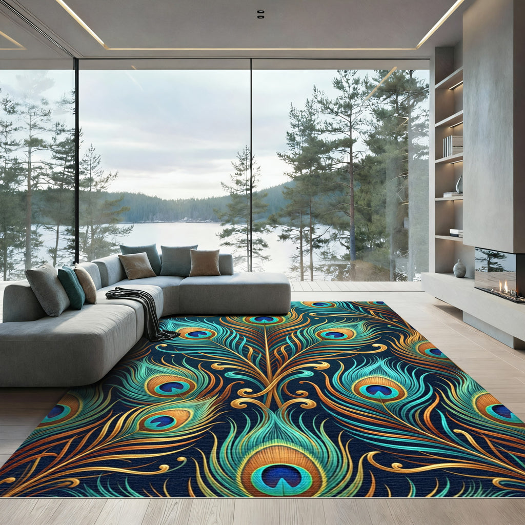 Exotic Teal Gold Peacock Feather Medallion Rug