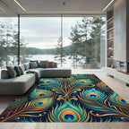 Exotic Teal Gold Peacock Feather Medallion Rug