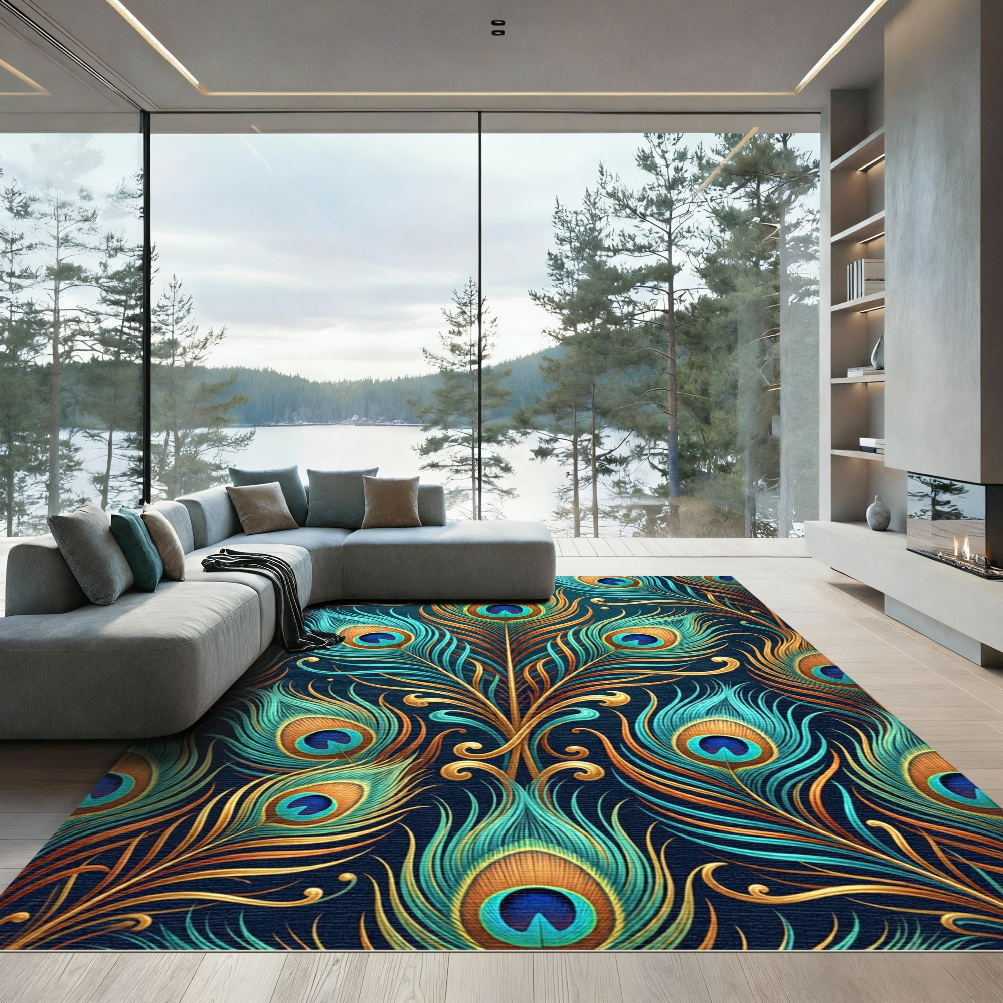 Exotic Teal Gold Peacock Feather Medallion Rug