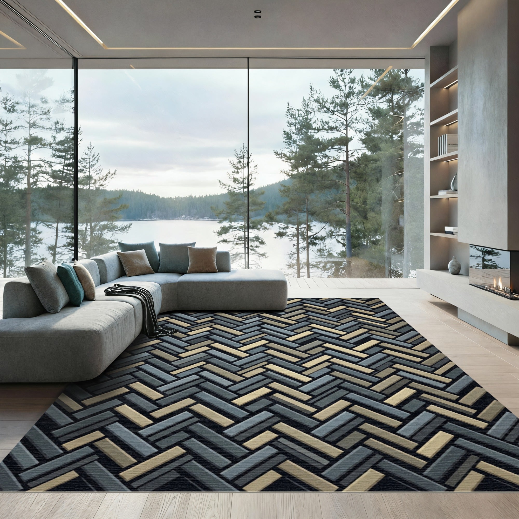 Textured Herringbone Slate and Gold Woven Rug