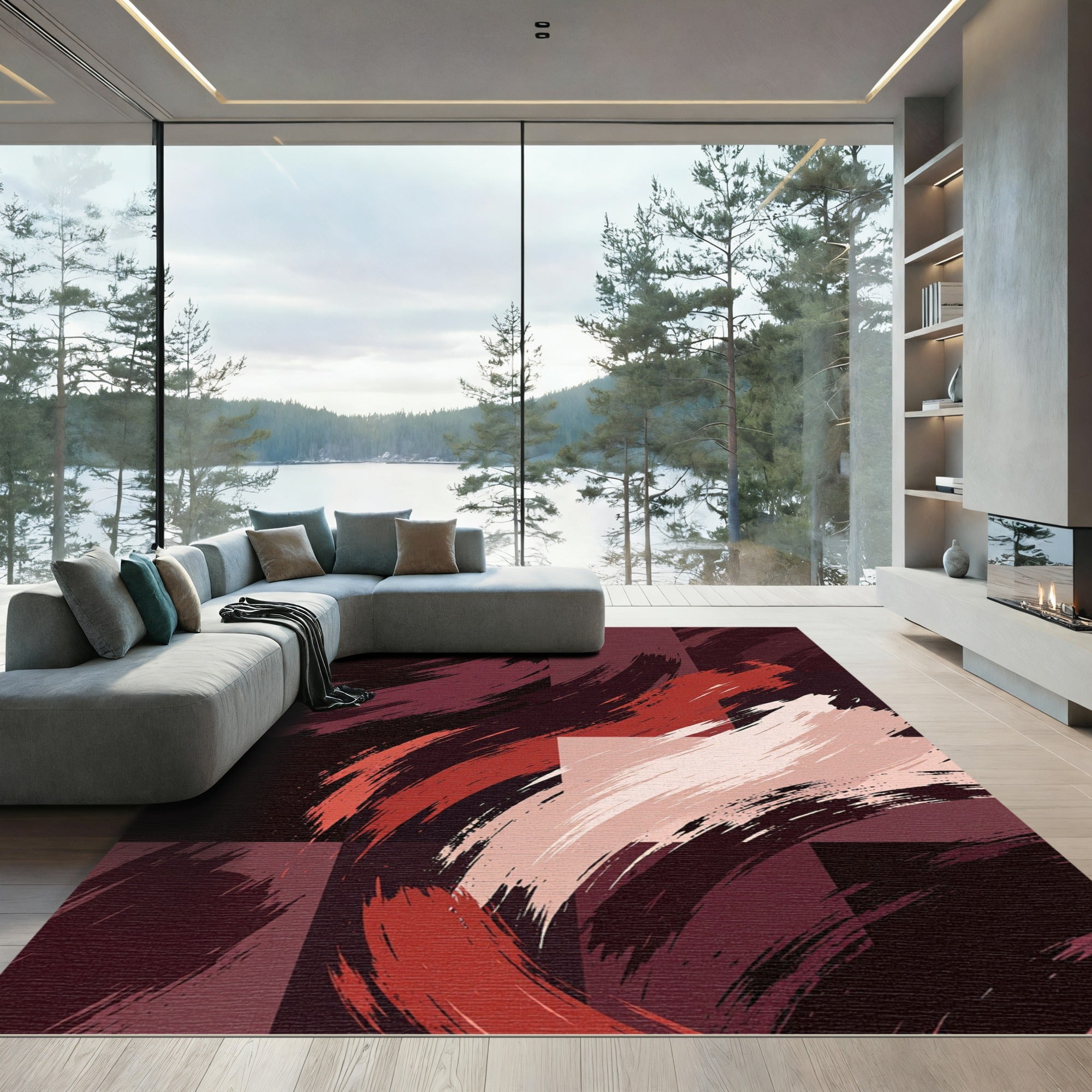 Abstract Crimson And Blush Brushstroke Rug