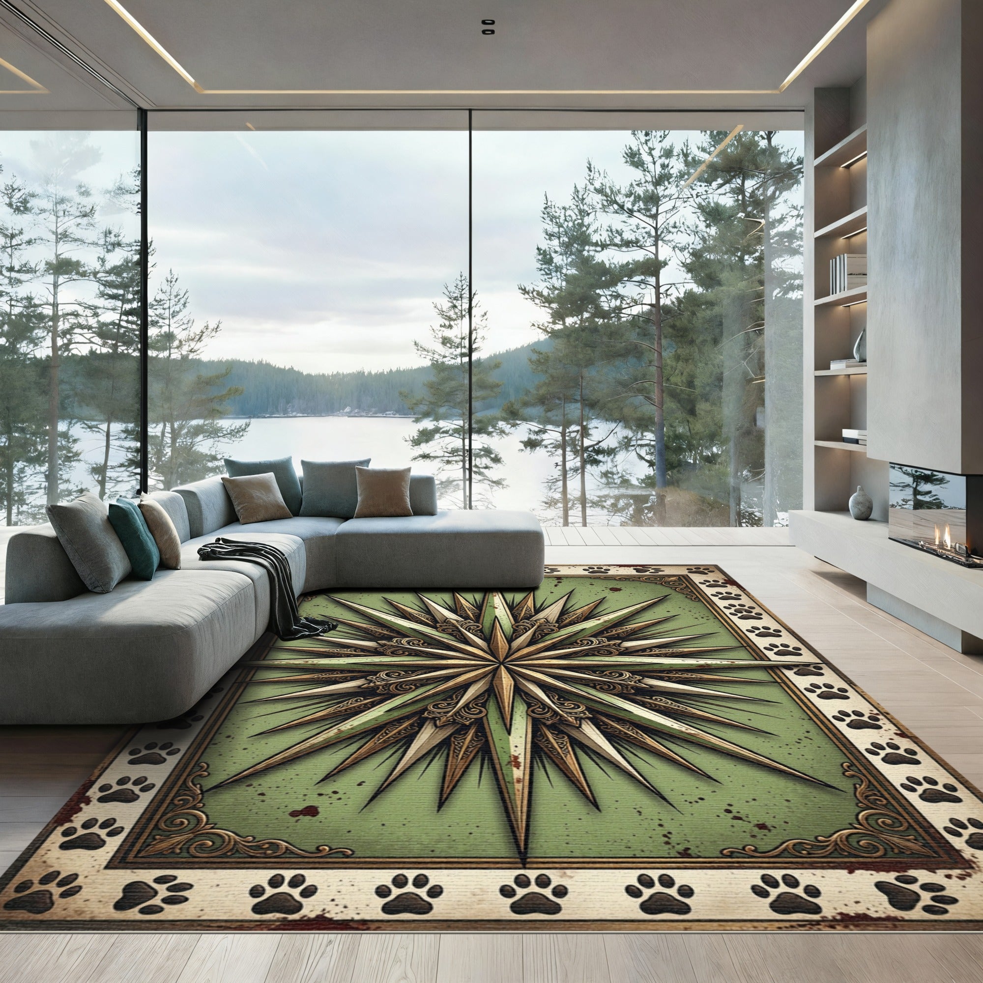 Vintage Sage Compass Star Paw Border Rug