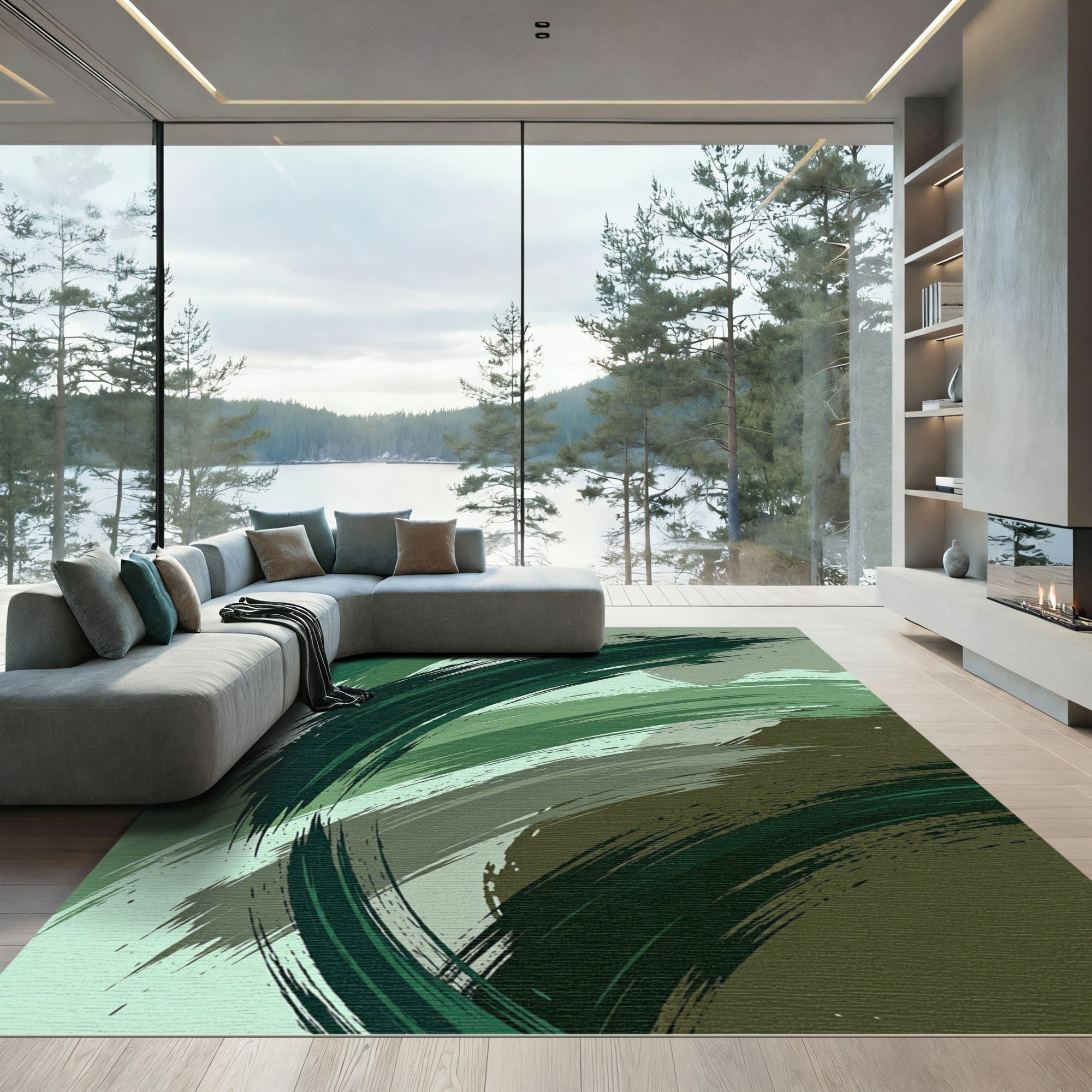Abstract Green Brushstroke Swirl Rug