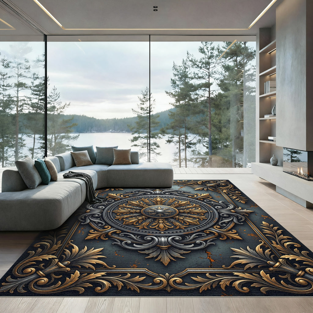 Ornate Gold Silver Victorian Medallion Rug