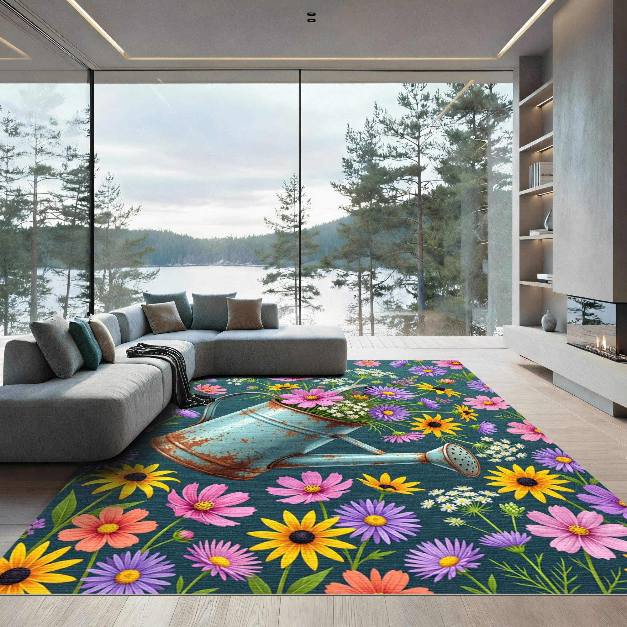 Rustic Teal Watering Can Floral Field Rug