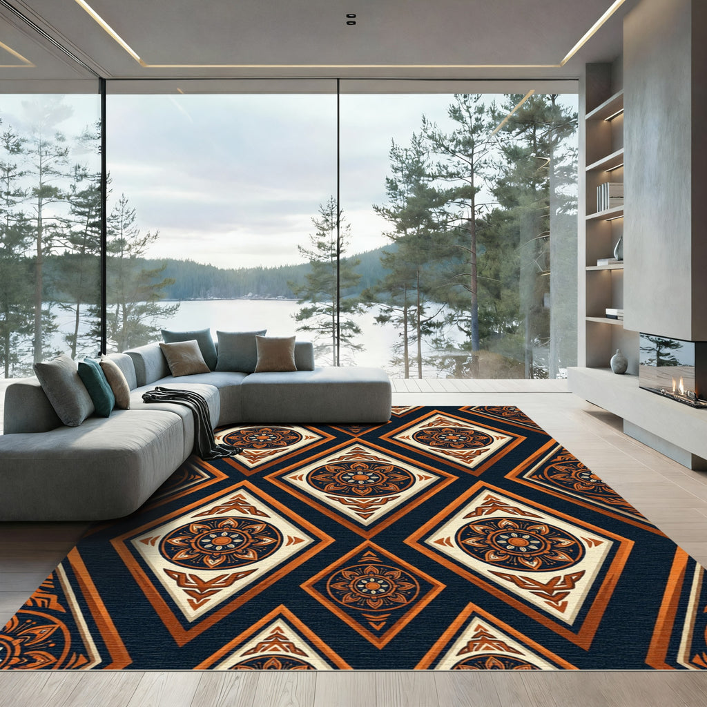 Ornate Amber Diamond Mandala Lattice Rug