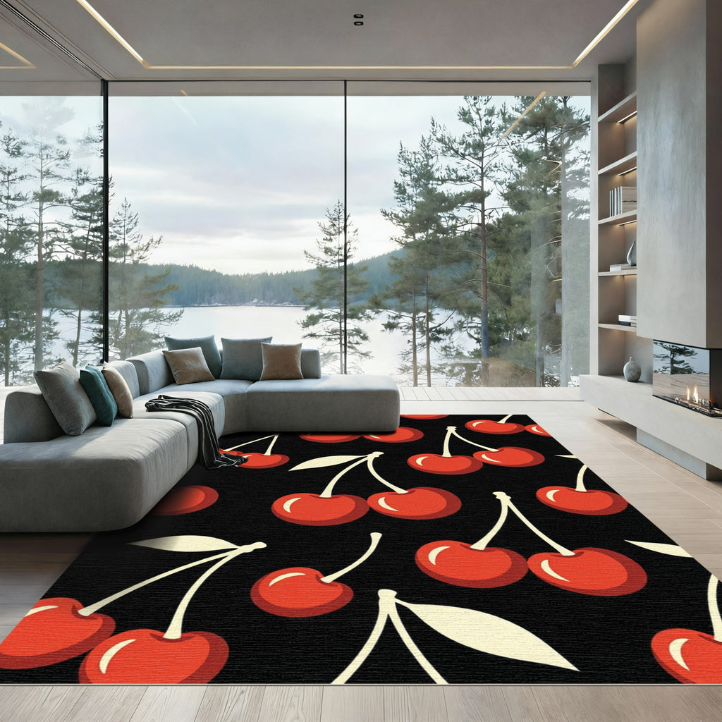 Retro Cherry Fruit Black Background Rug