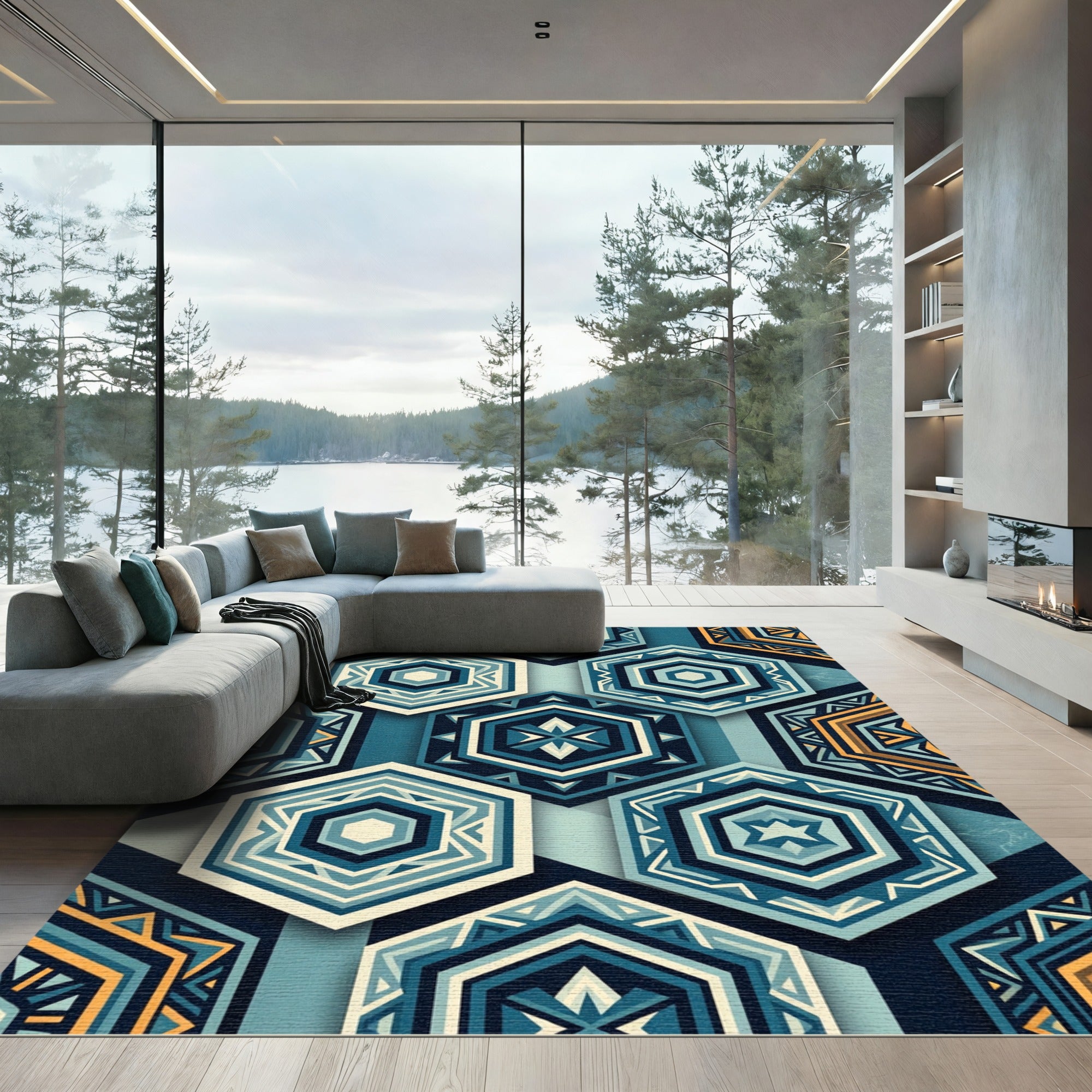Geometric Teal Amber Hexagonal Arrangement Rug