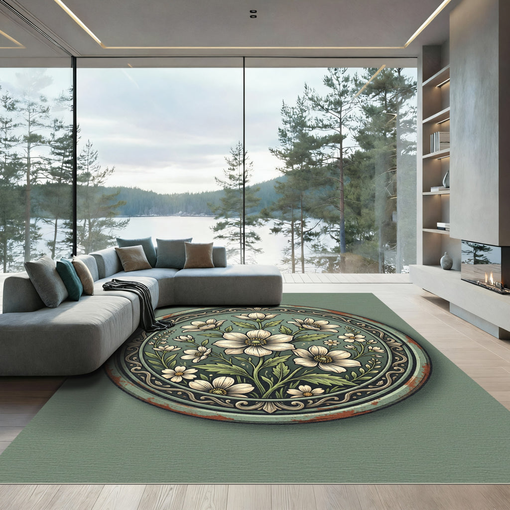 Sage Floral Art Nouveau Medallion Rug