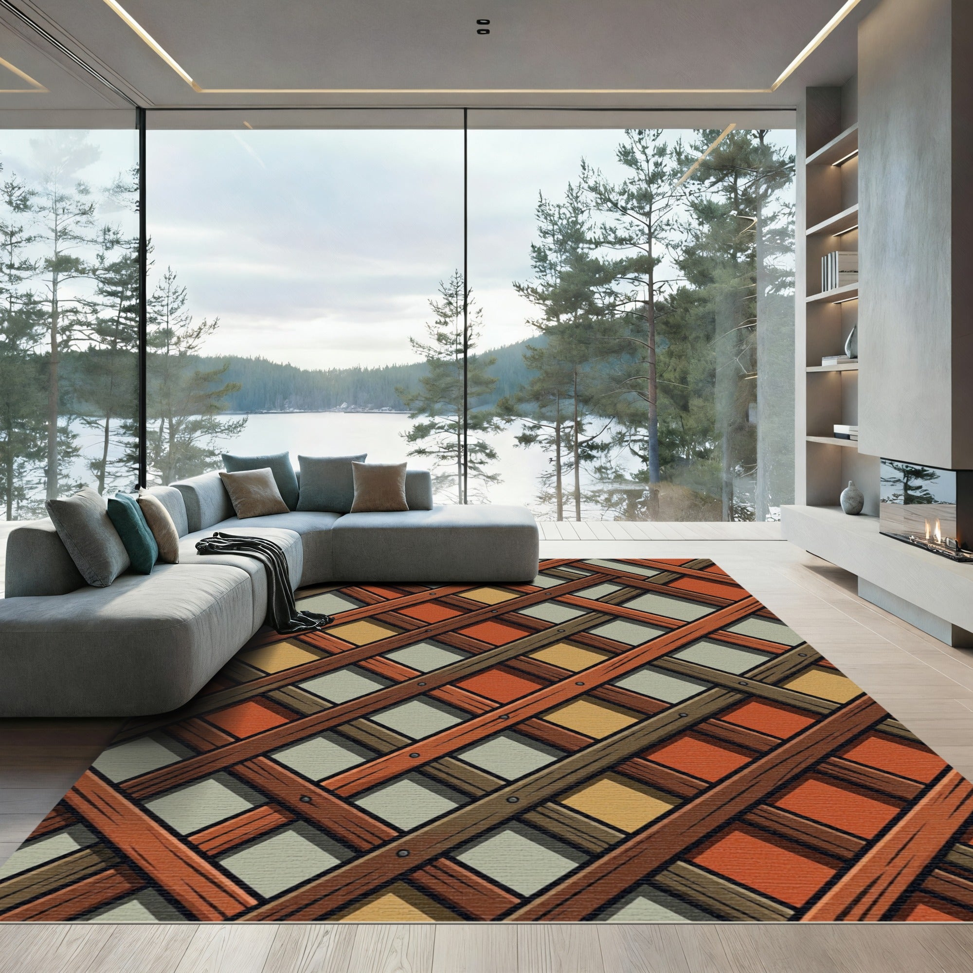 Rustic Autumn Lattice Geometric Check Rug