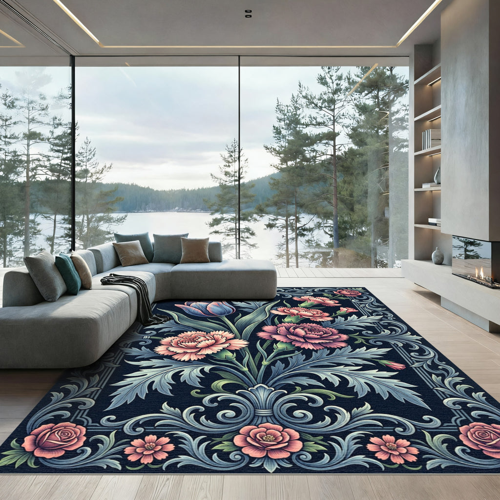 Elegant Floral Bouquet Ornate Dark Rug