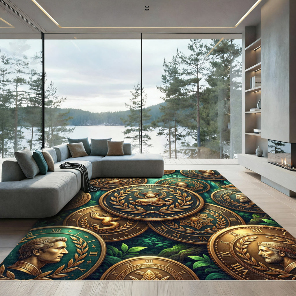 Antique Golden Roman Coin Medallion Rug