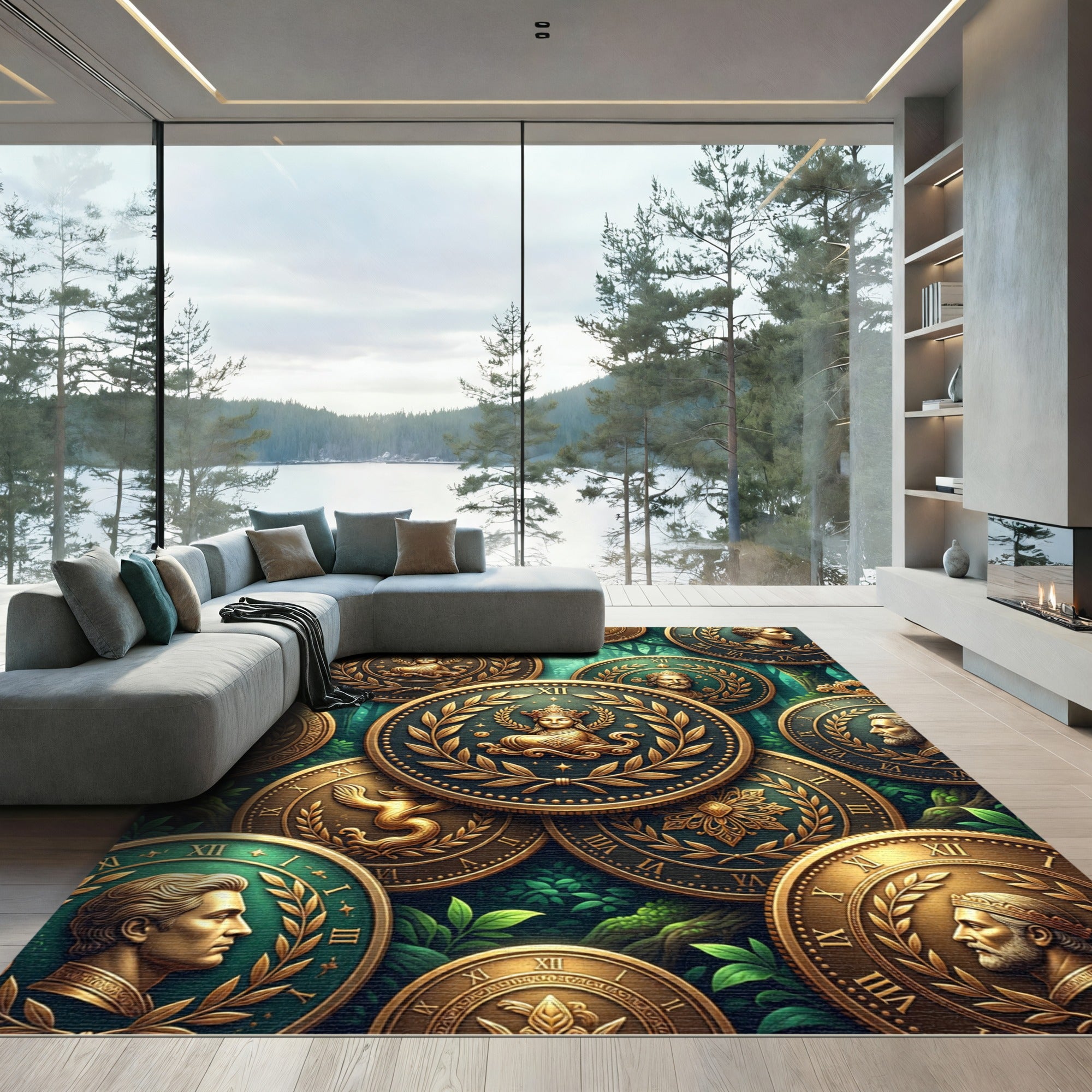 Antique Golden Roman Coin Medallion Rug