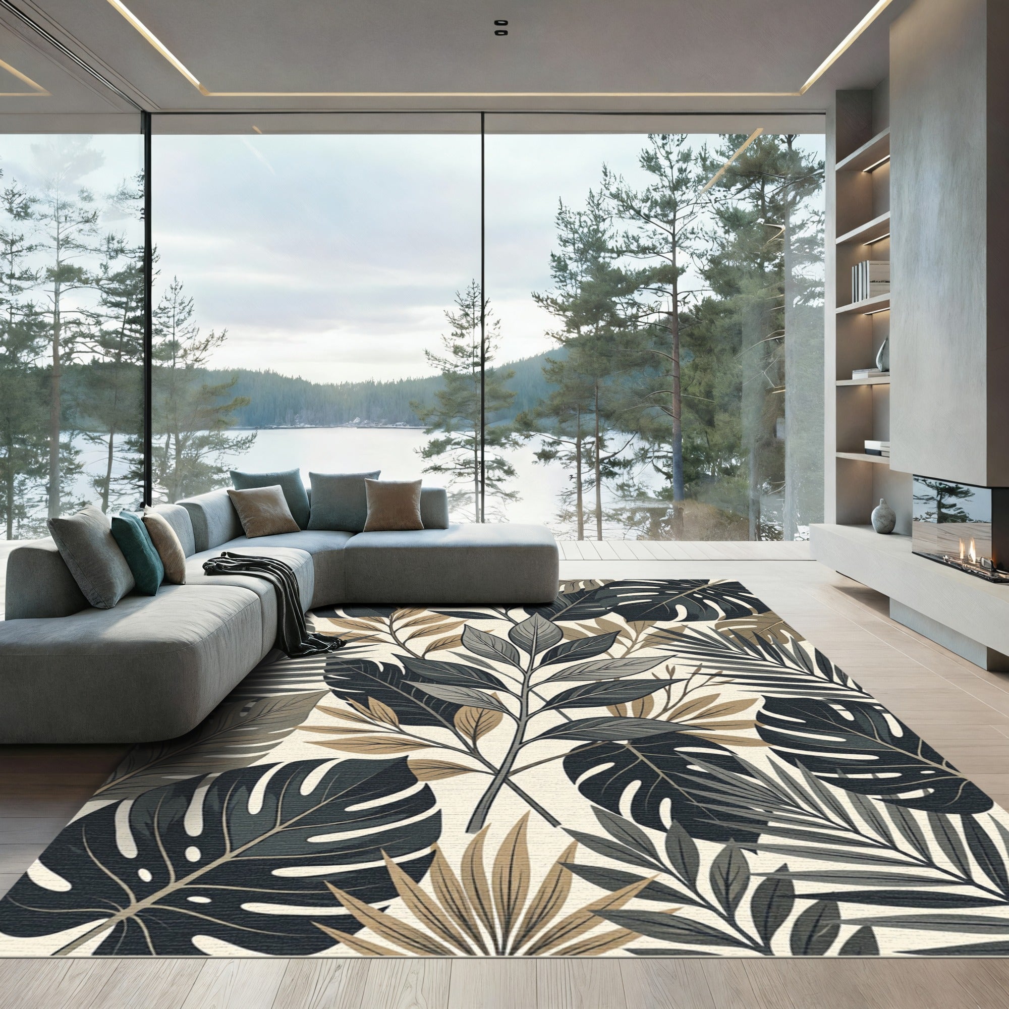 Monochromatic Tropical Foliage Leaf Botanical Rug