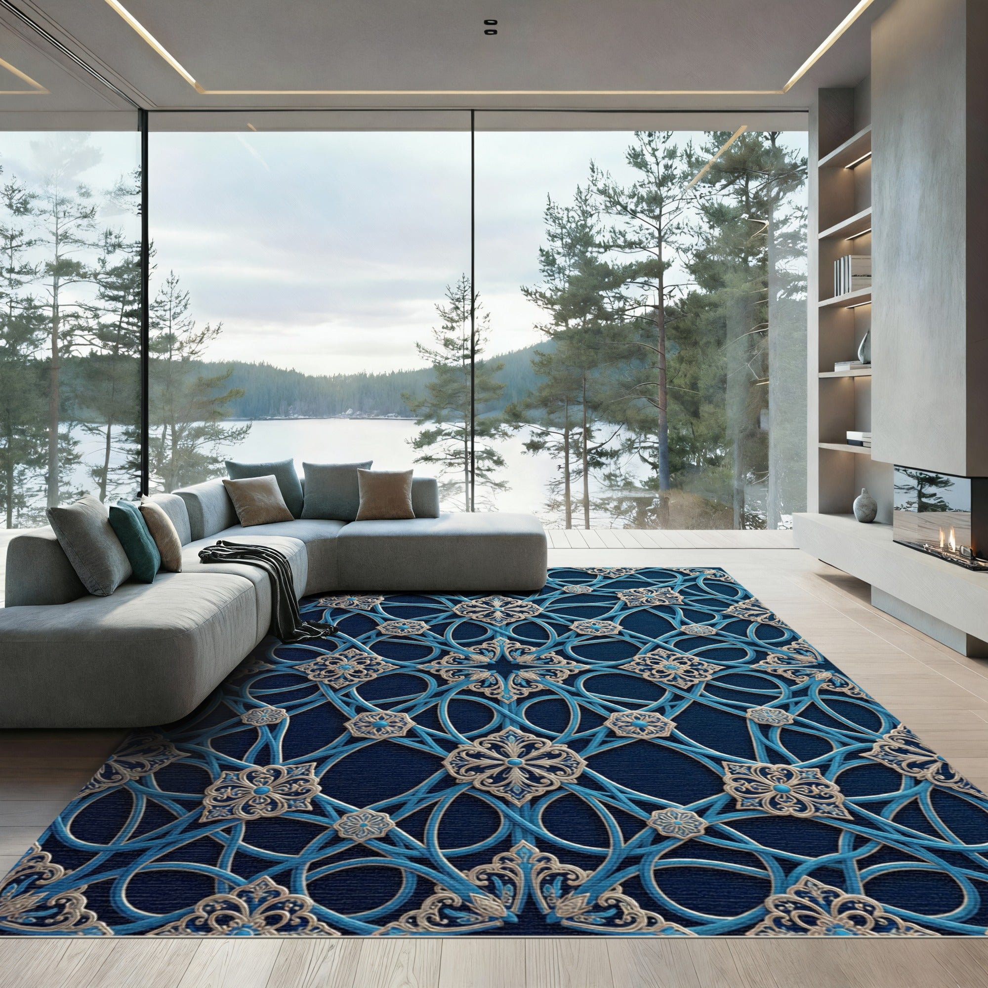 Ornate Azure Royal Blue Filigree Interlock Rug