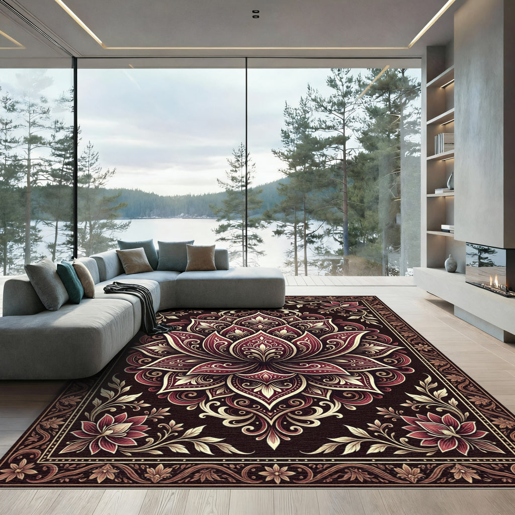 Rich Burgundy Damask Floral Scroll Rug