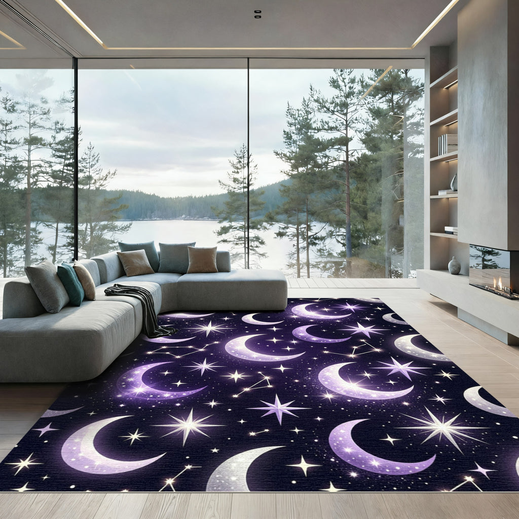 Celestial Purple Crescent Moon Constellation Rug