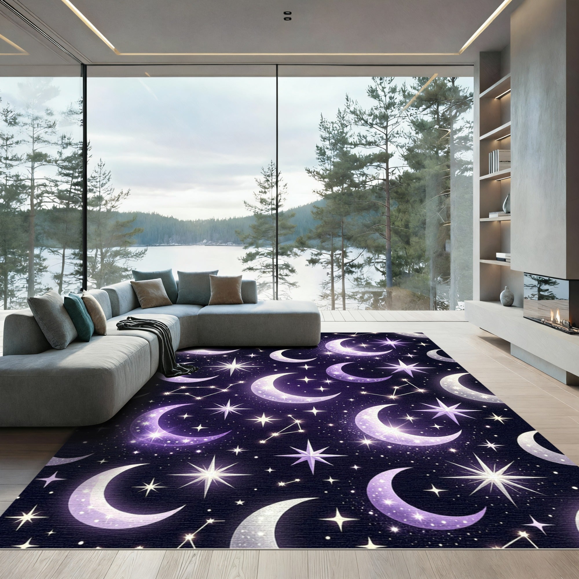 Celestial Purple Crescent Moon Constellation Rug
