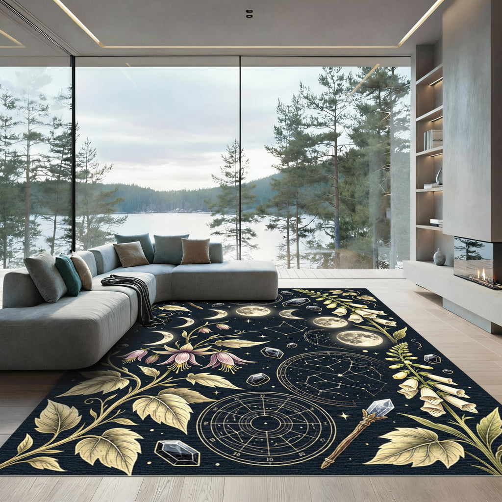 Celestial Moon Phase Floral Gold Rug