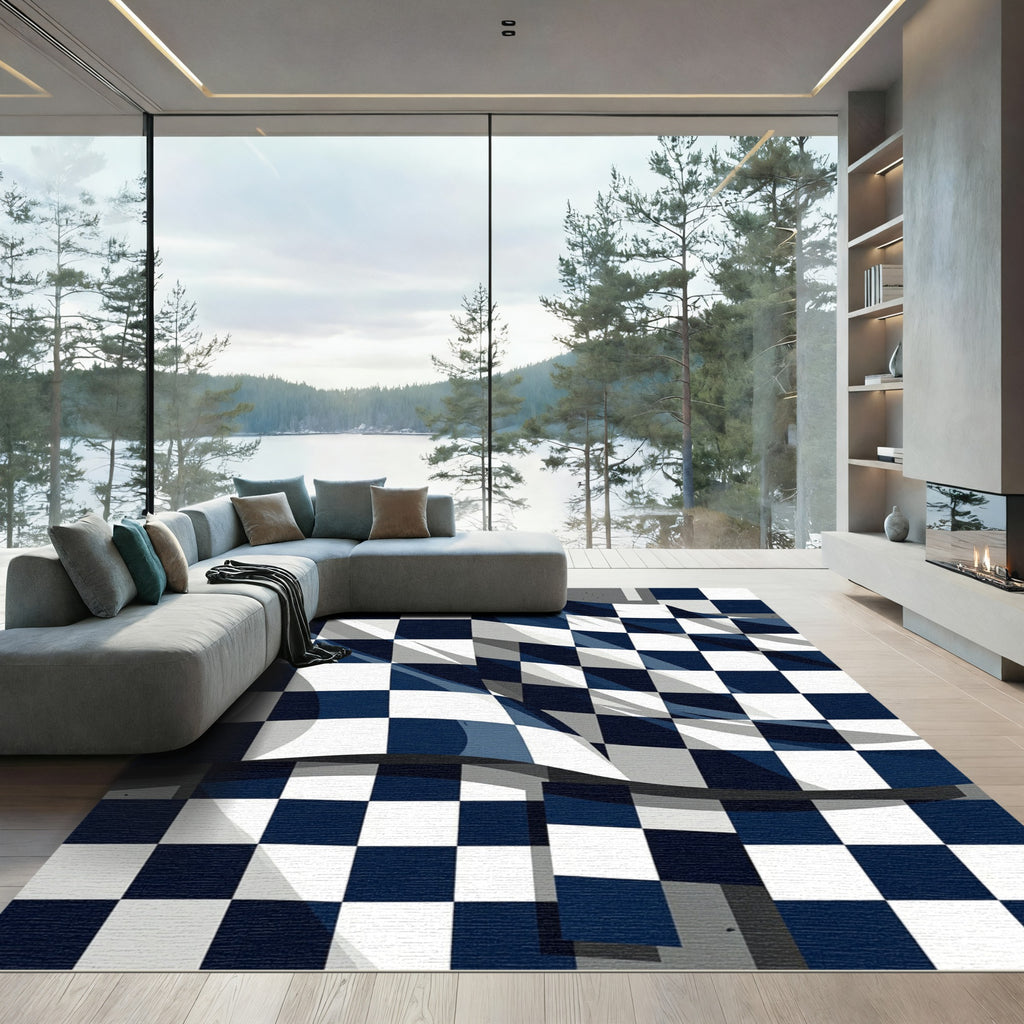 Navy and White Wavy Checkered Graphic Rug