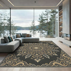 Sophisticated Charcoal Gold Filigree Medallion Rug