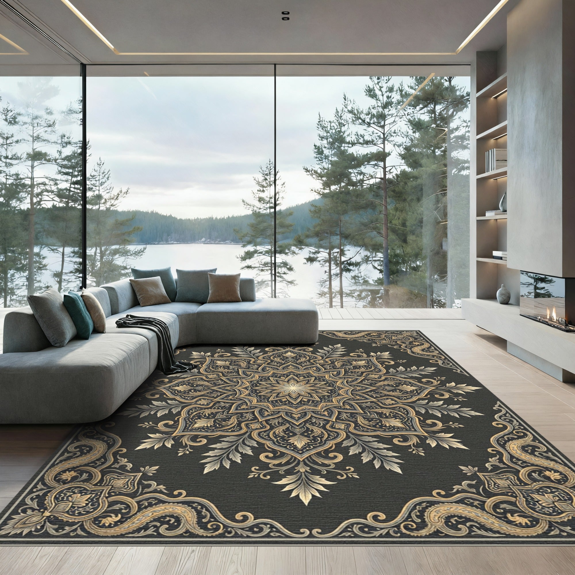 Sophisticated Charcoal Gold Filigree Medallion Rug
