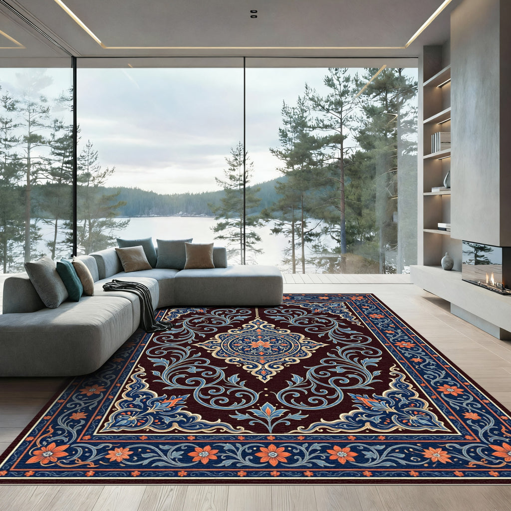 Ornate Indigo Floral Medallion Scroll Rug