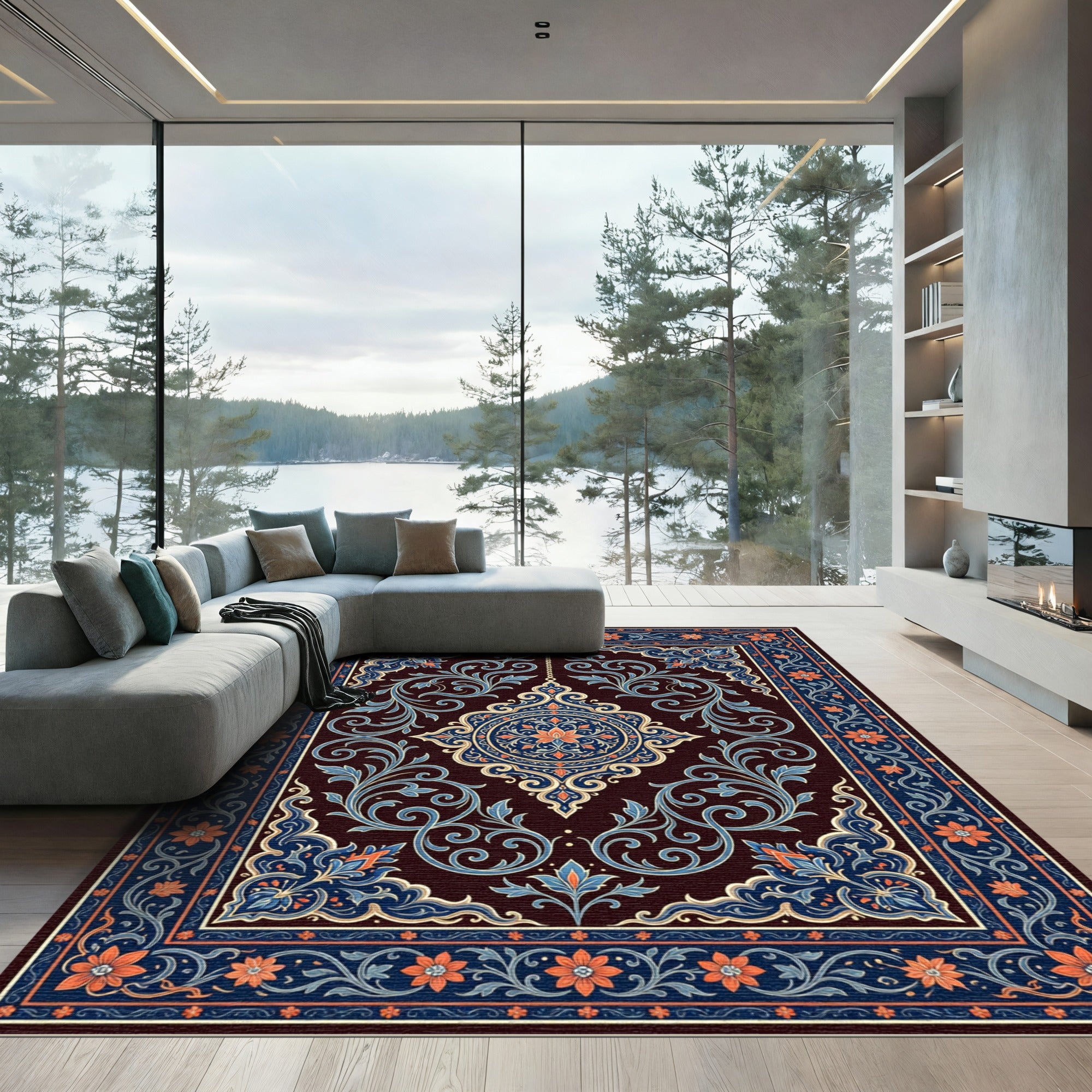 Ornate Indigo Floral Medallion Scroll Rug